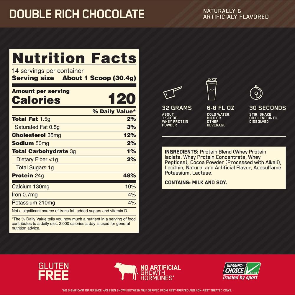 Optimum Nutrition Gold Standard 100% Whey Protein Powder, Double Rich Chocolate 1.47 Lb bag