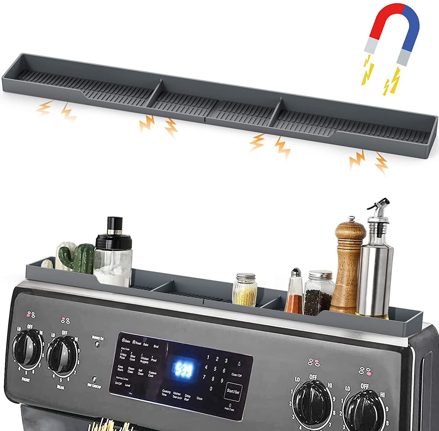 Silicone Material Magnetic Shelf for the Stove - 3 Functional Partitions Kitchen Spice Rack Organizer