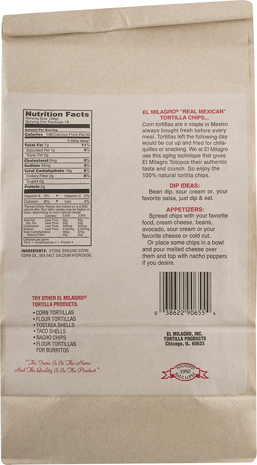 El Milagro 100% Natural Chips - 2 Pck (16 oz.) Totopos